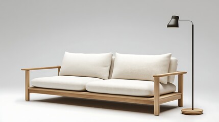 Modern light beige sofa with lamp in a white studio.  Possible use interior design, furniture catalog