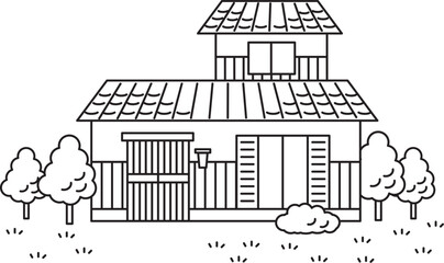 少し古めの日本家屋のシンプルな白黒イラスト