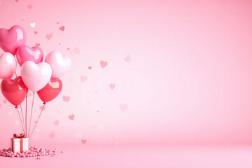 pink background with hearts balloons and a gift box