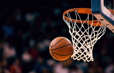 Fototapeta premium Basketball in the net. Crowd in the background