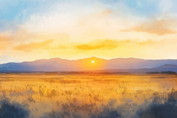 Desert sunset and sunrise with mountain sunset scene, water color
