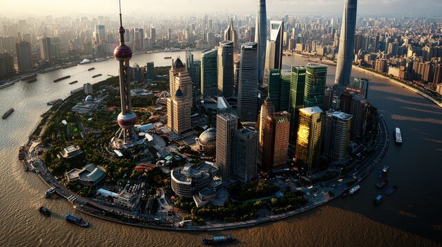 An aerial panoramic view showcases Shanghai's stunning skyline at sunset with the Pearl Tower and modern skyscrapers surrounding the Huangpu River.