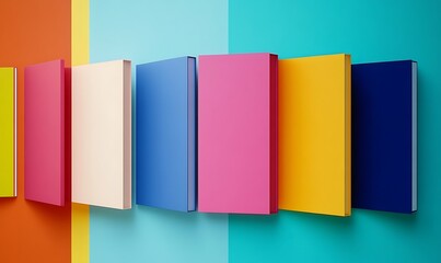 Minimalist colorful book collection arranged on vivid backgrounds representing education design and study inspiration for branding academic or library project.