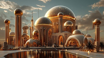 A majestic golden palace with numerous domes and tall towers reflects in a calm pool of water under a partly cloudy sky.