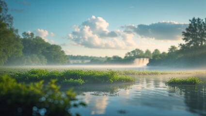 Naklejka premium Beautiful nature Serene Green River Valley at Sunset Breathtaking River Lake Nature Calm Nature Photography Dreamy Foggy Morning in a Peaceful Meadow Nature’s Tranquility Captured Wallpaper 
