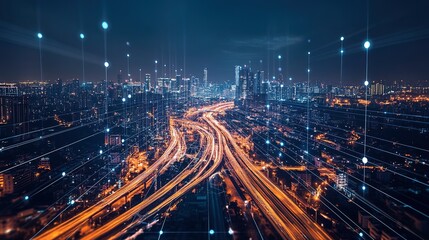 A cityscape at night showing connected digital information flow