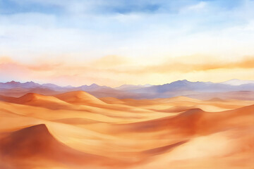 Naklejka premium Desert sunset and sunrise with mountain sunset scene, water color