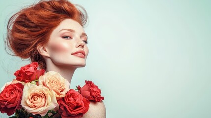 Redhead Woman with Roses  Spring Beauty  Studio Portrait