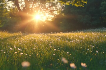 Obraz premium Golden sunlight illuminating a tranquil meadow filled with wildflowers at dawn