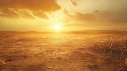 Naklejka premium Golden Desert Landscape at Sunset with Warm Tones and Sparse Grass