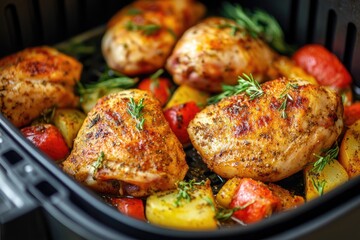 Crispy chicken thighs and roasted vegetables in an air fryer