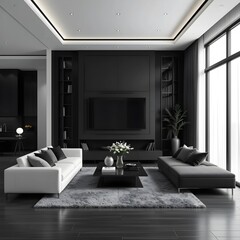 Monochrome Living Space: A living area designed entirely in shades of black, white, and gray for a sleek look.