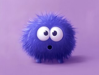Fototapeta premium Cute purple fluffy ball with big eyes looking surprised on a light purple background