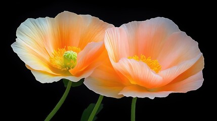 Fototapeta premium Two vibrant, peach-colored poppies against a black backdrop. Close-up view of delicate petals and inner structures