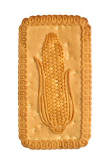 One rectangular cookie isolated on a white background. Cookies with the image of corn.