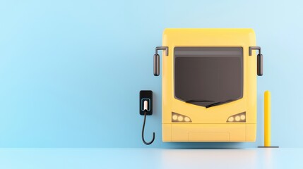Yellow Electric Bus at Charging Station Against Blue Backdrop