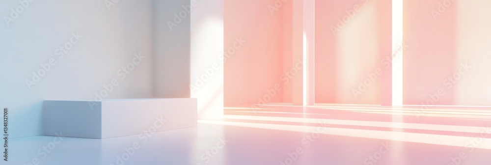 Poster display platform with sunlight streaming into modern architectural space