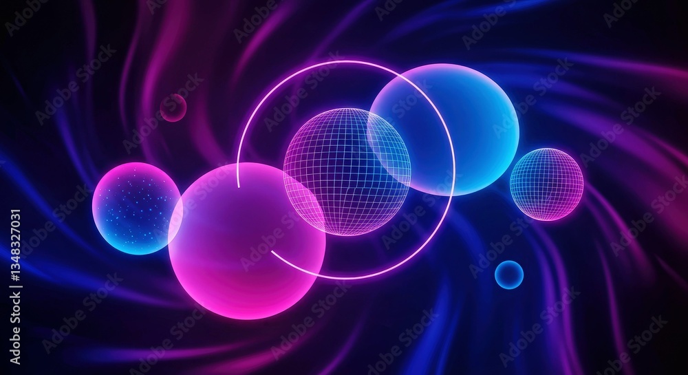 Aufkleber abstract neon bubbles: a captivating composition of neon-lit bubbles floating against a swirling, gr