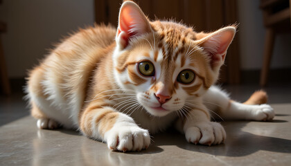 Playful cat stretching with a lively expression in a cozy indoor setting