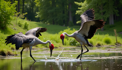 A pair of cranes performing a duet in a vibrant wetland landscape © Yosich1961