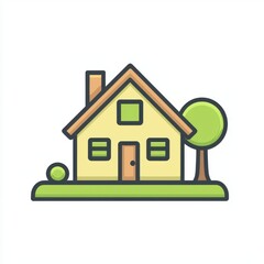 Fototapeta premium Charming cartoon house illustration with tree and green lawn for home and property themes