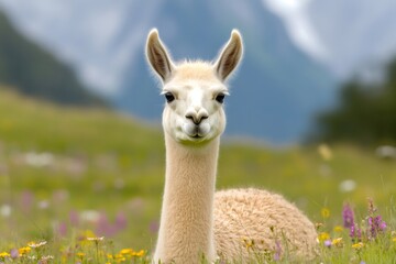 Fototapeta premium White llama resting in a meadow with wildflowers and mountains