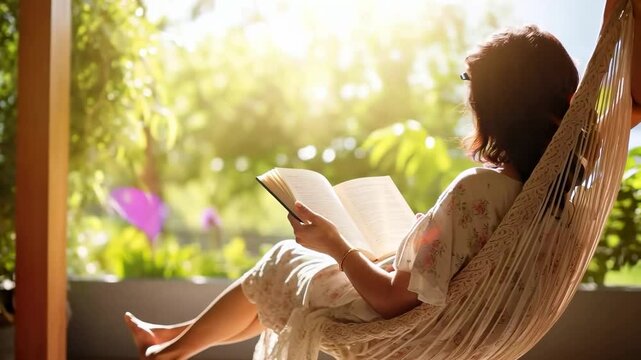 A serene video scene of a woman reading in a hammock, captured from a side angle, with soft sunlight filtering through lush greenery.