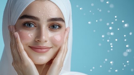 Woman with towel smiling and applying facial cleanser skincare