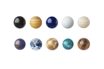 Collection of nine different colored spheres, isolated