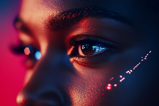 Close-up of african female with futuristic neon lights reflecting in eye - Powered by Adobe