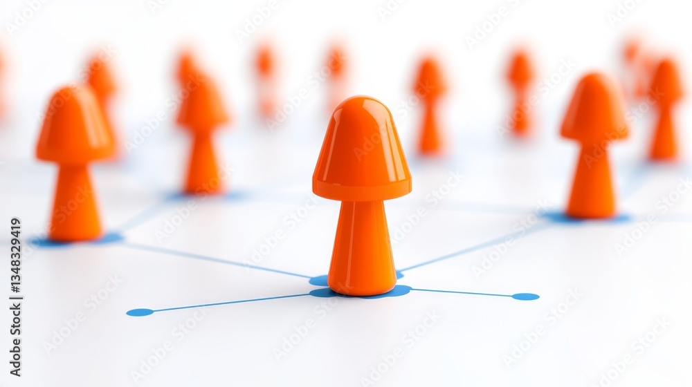 Poster colorful orange game pieces connected on a network grid symbolize strategy and collaboration in a pl