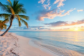 Beautiful beach with a palm tree and a clear blue ocean