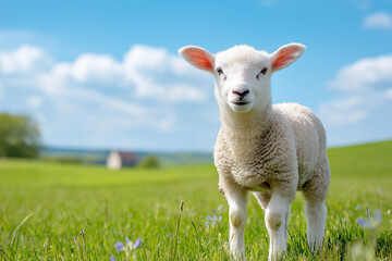 Fototapeta premium A white lamb stands in a green field under a bright blue sky. The image has been selected for upload