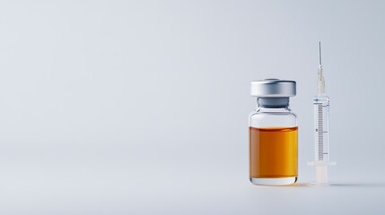 a syringe and a bottle liquid vaccine Over white Studio Background.