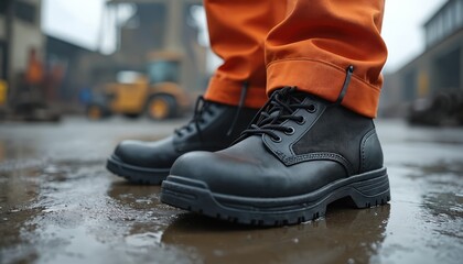 Black work boots with orange pants on construction site. Safety footwear for construction worker, industrial worker. Safety clothing, building, repair. Heavy duty equipment.