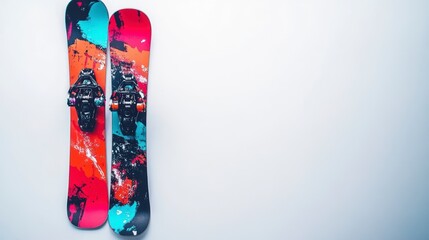 mock up snowboard upright with cyber punk graffiti Over white Studio Background.