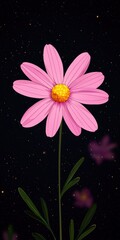 Vibrant Pink Flower with Yellow Center Surrounded by Starry Background in Artistic Illustration