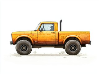 Vintage Orange Pickup Truck on a White Background with Grass Accents