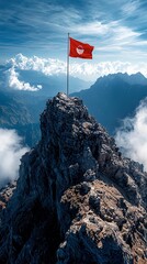 A red flag with a symbol flies on a mountain peak