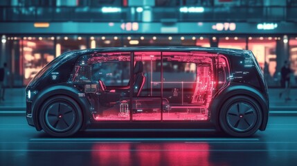 Fototapeta premium Futuristic Transparent Electric Vehicle in City at Night
