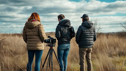 Capturing the Moment: A team of videographers and/or photographers document a vibrant outdoor scene, composing their shot against a dynamic sky and serene field