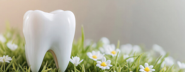 Bright white tooth placed among small flowers in a grassy setting during daylight. banner for dentists, dental clinic, spring flyer background. veneers, treatment of teeth and gums with herbs. mockup,