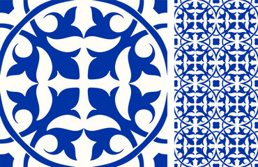 Seamless Azulejo tile. Portuguese and Spain decor. Ceramic tile in blue and white. Seamless Floral pattern. Vector hand drawn illustration, typical portuguese and spanish tile