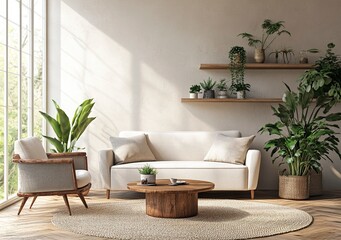 Sofa, armchair, and coffee table in a beige living room interior with a wooden floor and plants on a shelf wall. 3D rendering illustration. Stock photo of modern home decor, interior design concept. 