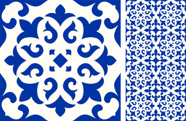 Seamless Azulejo tile. Portuguese and Spain decor. Ceramic tile in blue and white. Seamless Floral pattern. Vector hand drawn illustration, typical portuguese and spanish tile
