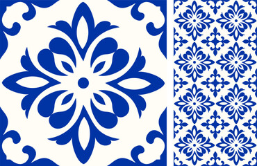Seamless Azulejo tile. Portuguese and Spain decor. Ceramic tile in blue and white. Seamless Floral pattern. Vector hand drawn illustration, typical portuguese and spanish tile