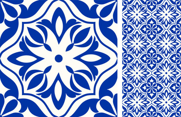 Seamless Azulejo tile. Portuguese and Spain decor. Ceramic tile in blue and white. Seamless Floral pattern. Vector hand drawn illustration, typical portuguese and spanish tile