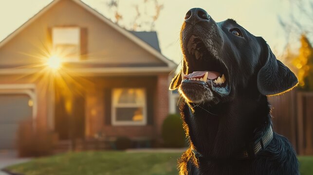 A happy black Labrador retriever dog sits outdoors at sunset in front of a suburban home looking up joyfully at the golden sun. - Powered by Adobe