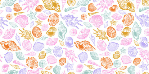 Colorful hand drawn pattern with seashells. Tropical ocean shells seamless background. Beautiful marine design elements