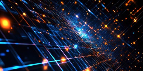 Naklejka premium A vibrant abstract representation of digital data flow, showcasing glowing lines and particles in a futuristic setting, suggesting motion and connectivity in a technological landscape